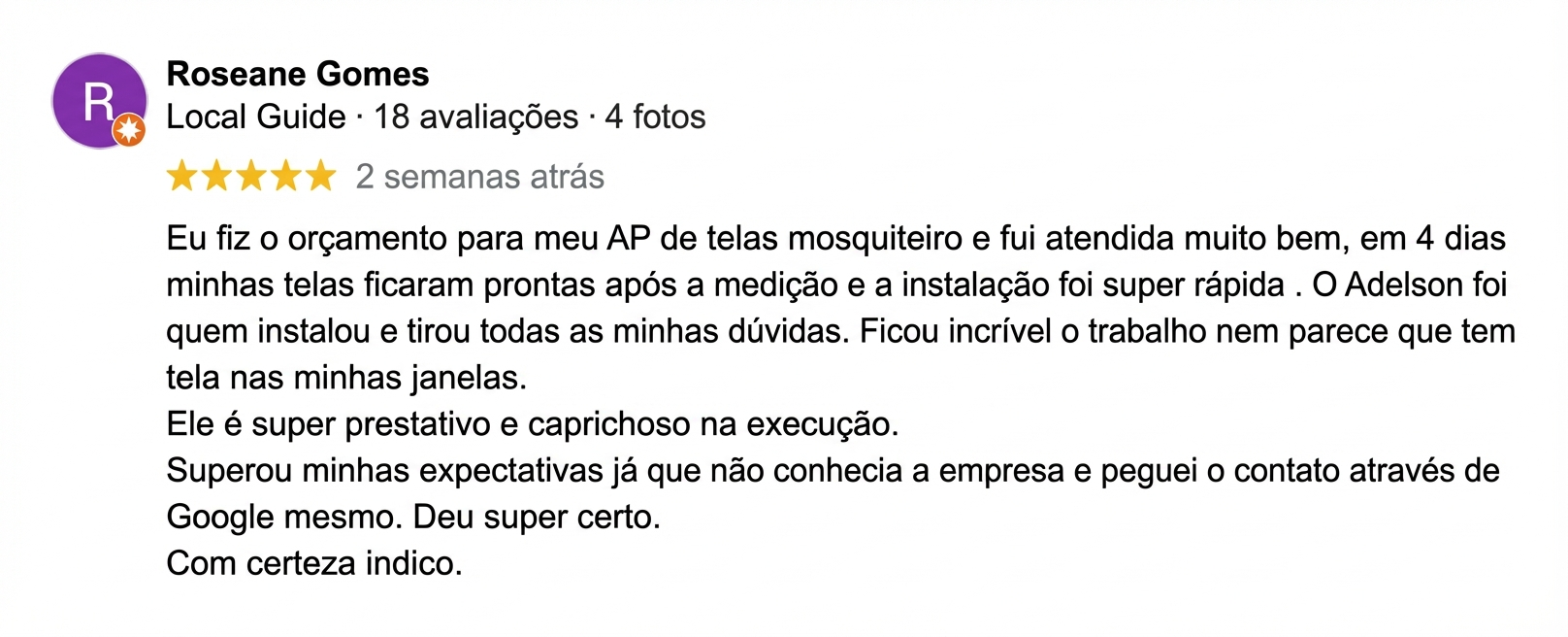 Avaliação de cliente satisfeito 1