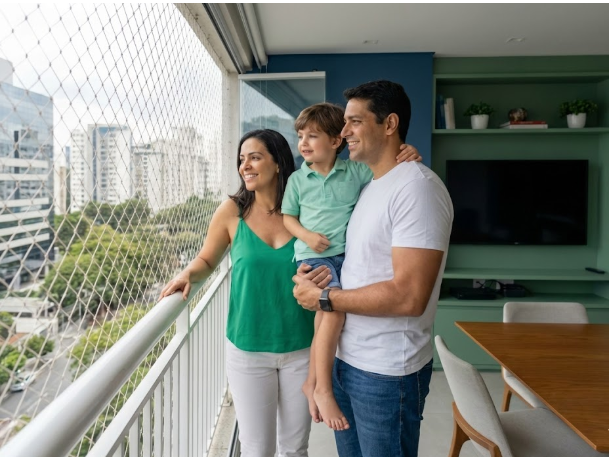 Família protegida em varanda com rede de segurança instalada