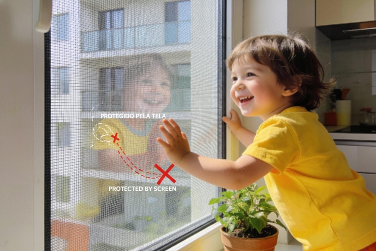 Criança segura em varanda protegida com rede de segurança